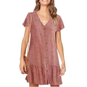 Button Down Ruffle T-Shirt Dress Pink Red White Boho Beach Medium